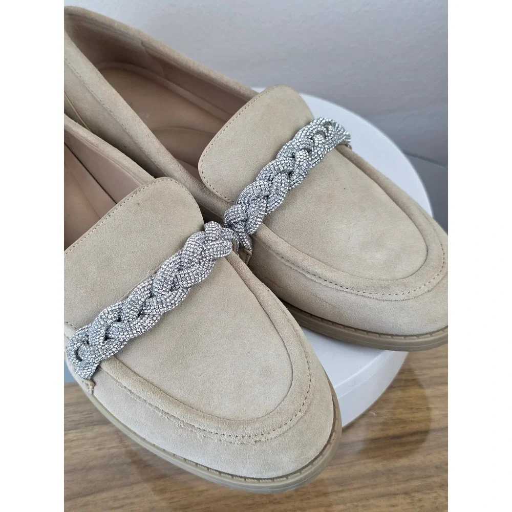 Gianni Bini Tan Suede Rhinestone Braided Chain Loafers 7M Beige Leather Slip On